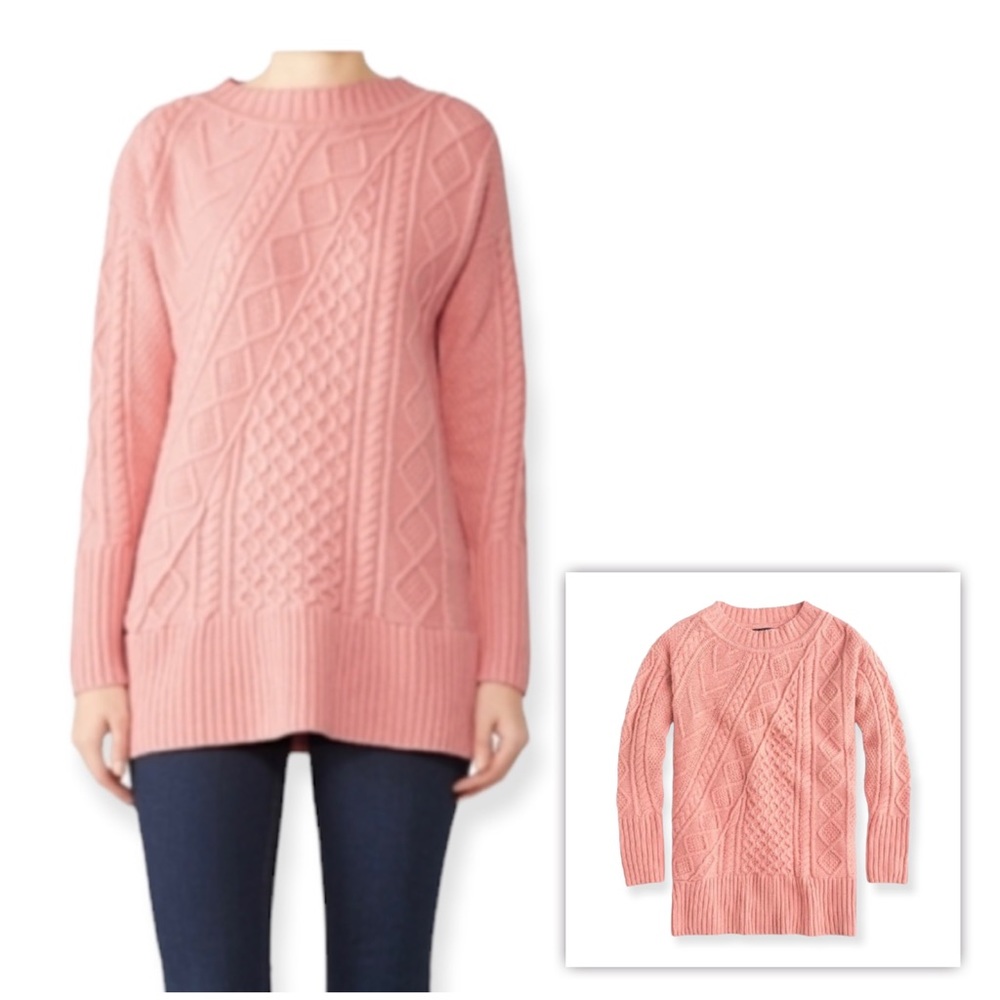 J Crew Wool Blend Cable Knit Patchwork Light Pink Tunic Sweater